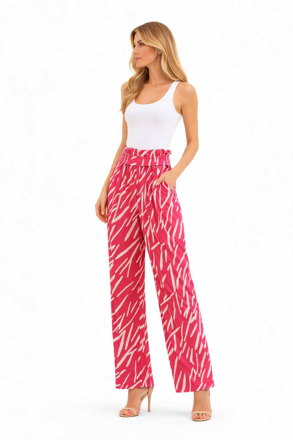 Vibrant fuchsia patterned paperbag trousers (Hanita)