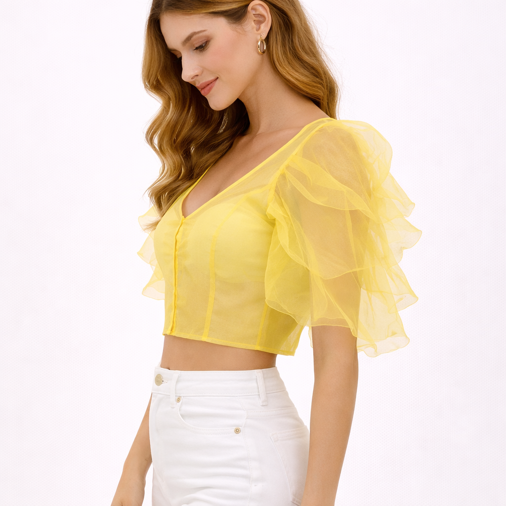 Yellow Sheer Puff Sleeve Blouse (Hanita)