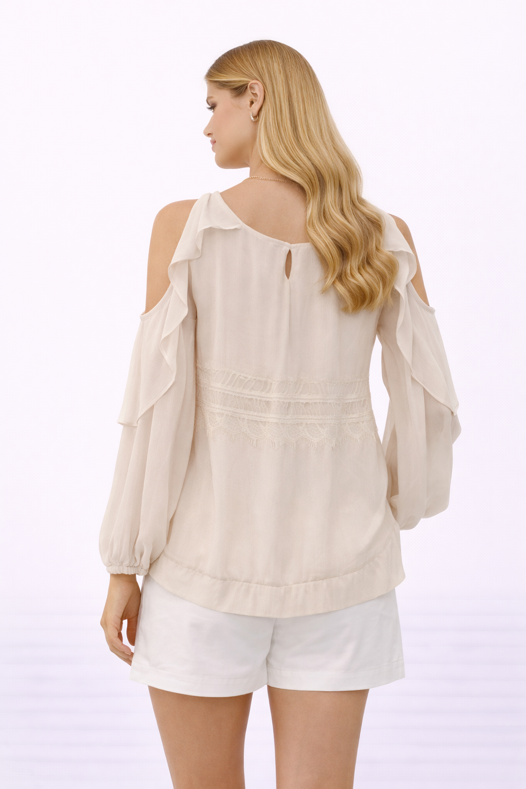 White lace cold-shoulder ruffle blouse (Hanita)