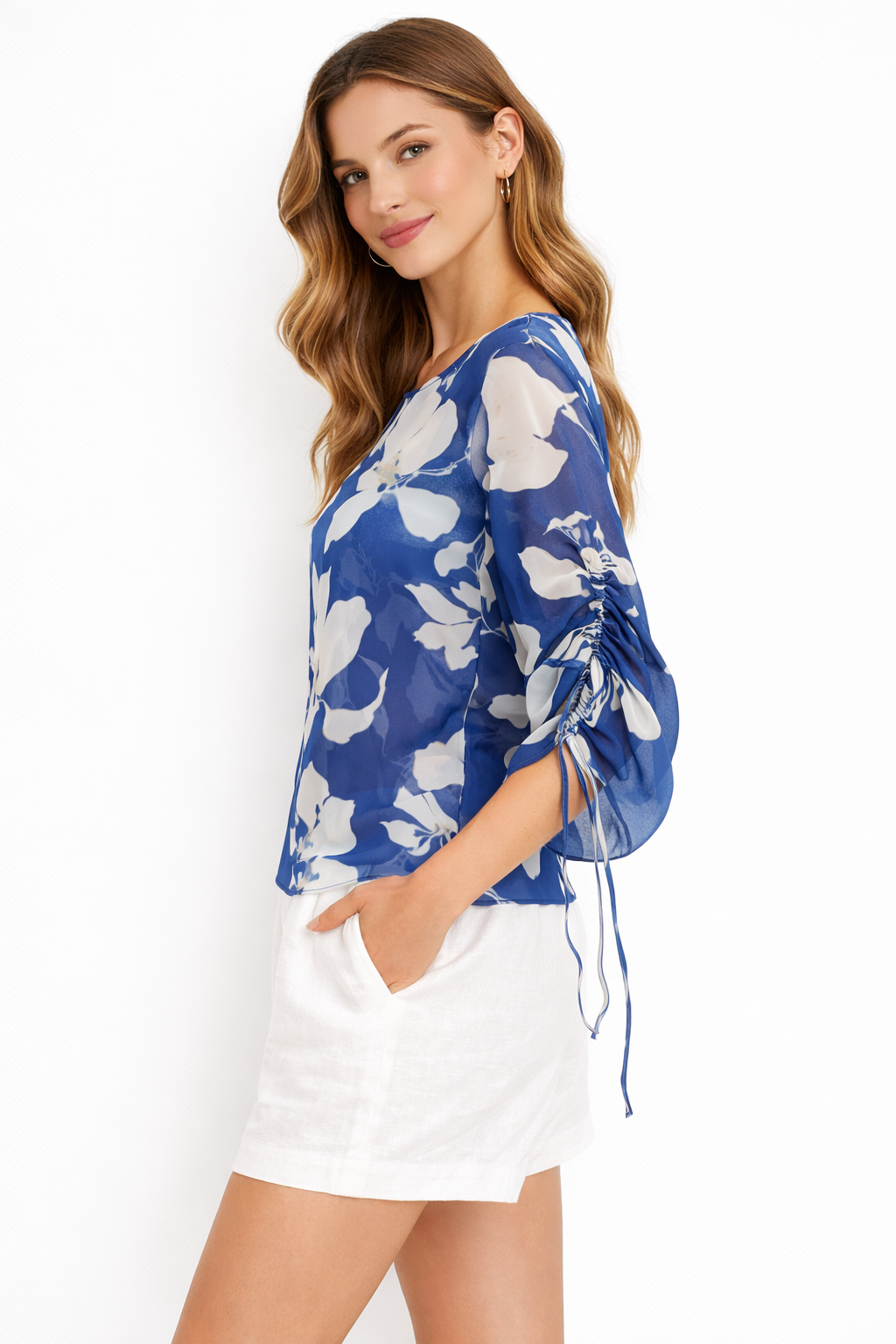 Blue floral sheer chiffon blouse (Hanita)