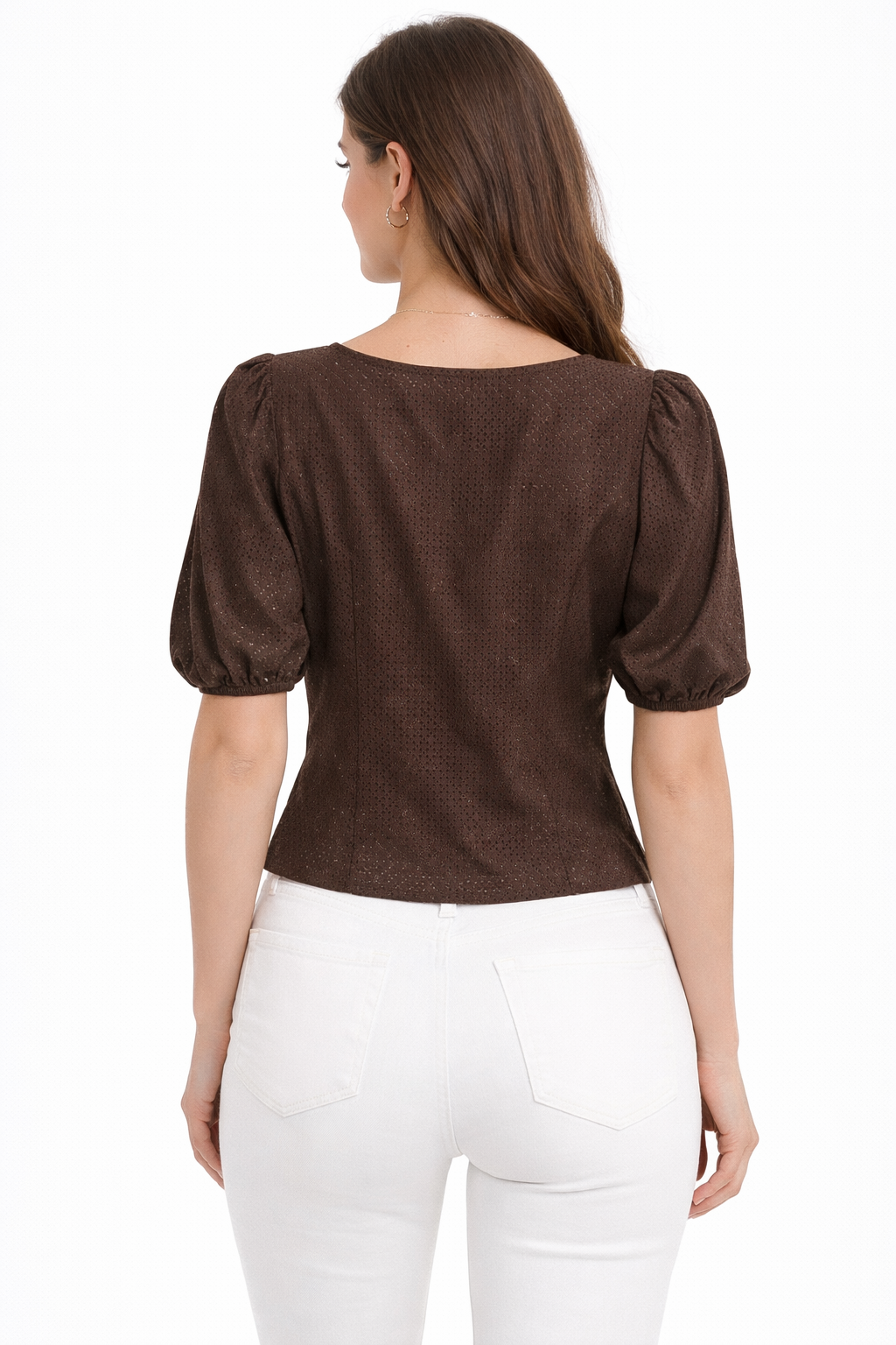 Brown eyelet puff-sleeve buttoned blouse (Hanita)