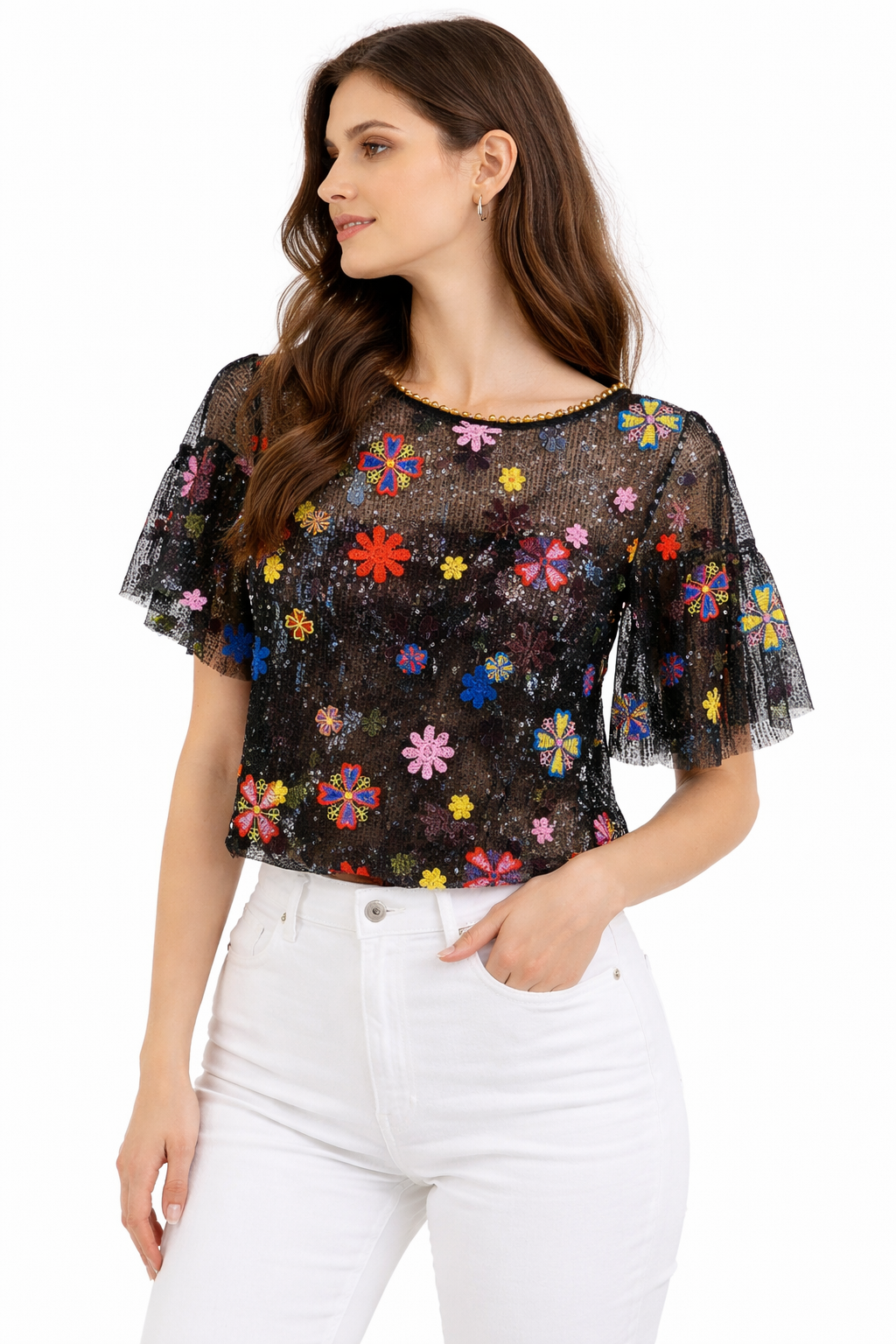 Black sheer colorful floral blouse (Hanita)