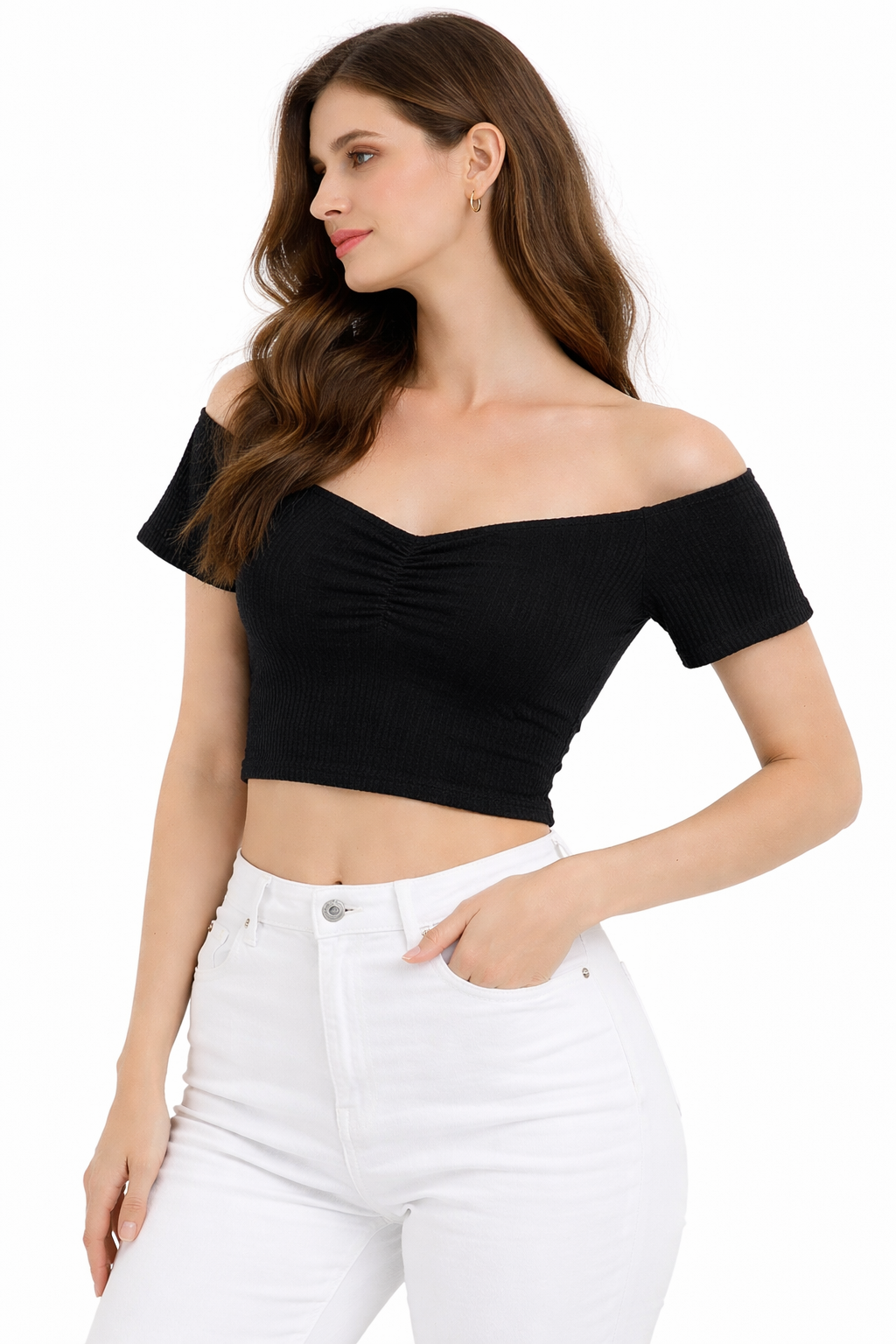 Black off-shoulder ribbed crop blouse (Hanita)