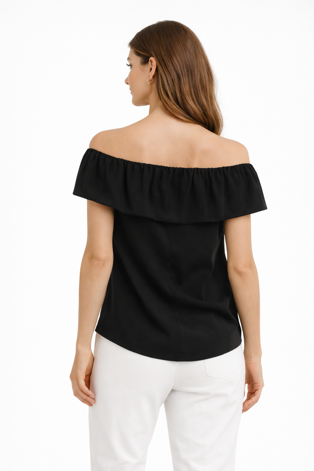 A chic black off-shoulder top with bold ruffle (Hanita)