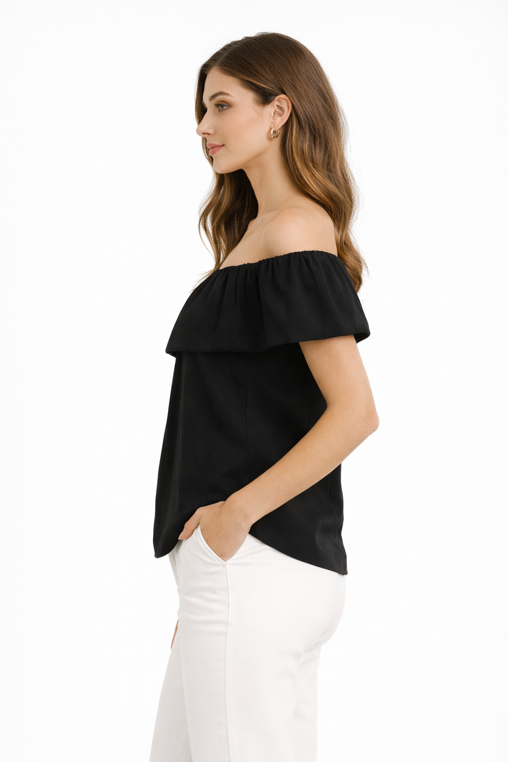 A chic black off-shoulder top with bold ruffle (Hanita)