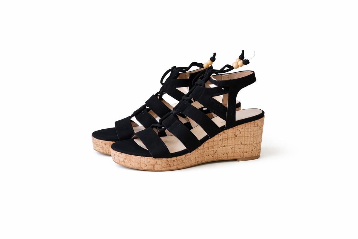 Beaded black wedge, boho-chic flair (MGTN)