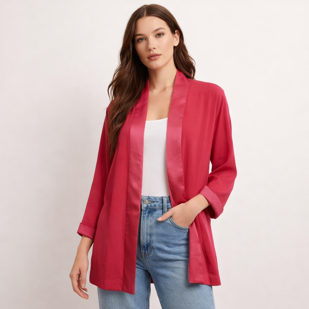 Elegant raspberry satin kimono blouse (Hanita)