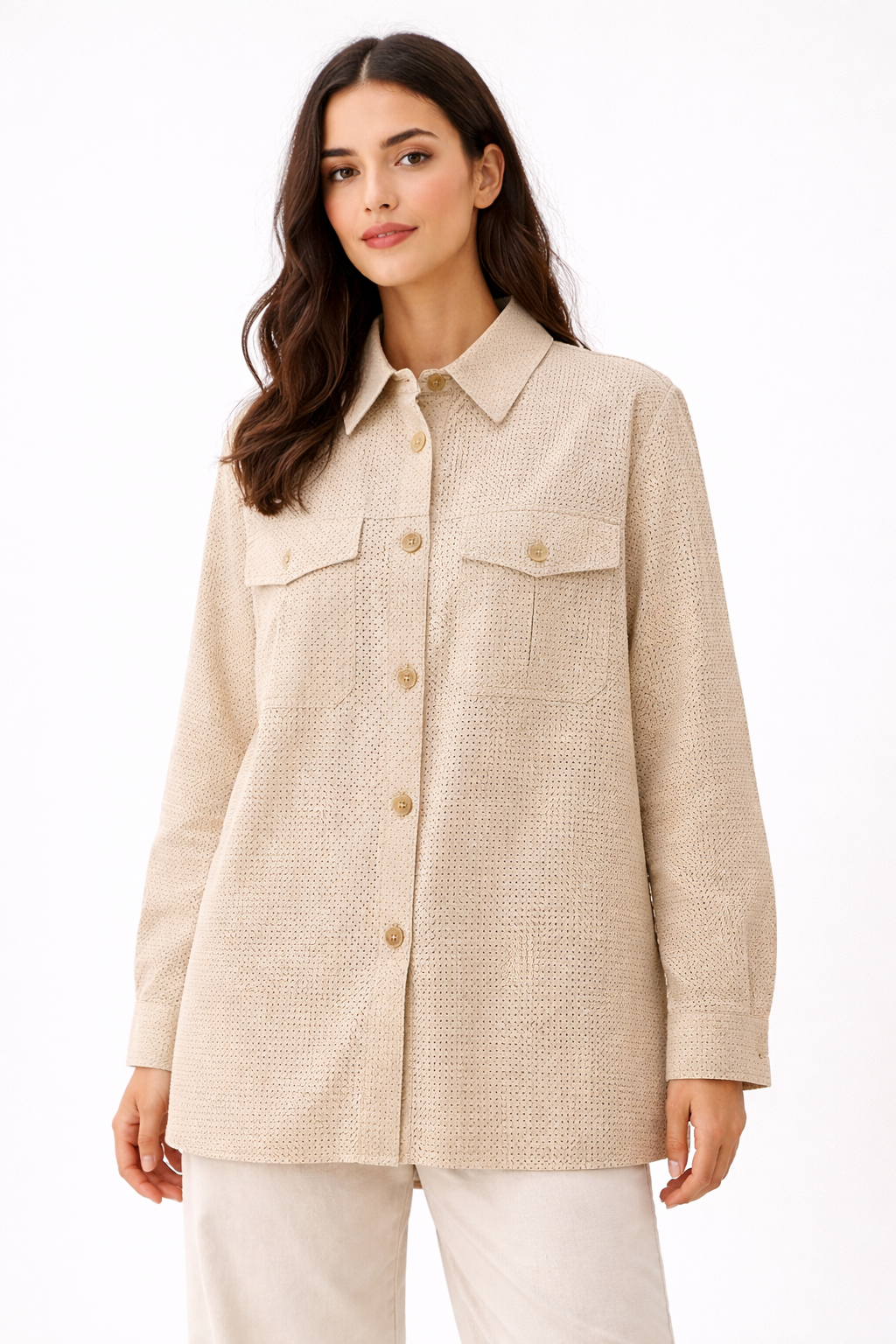 Beige perforated shirt front pockets (Hanita)
