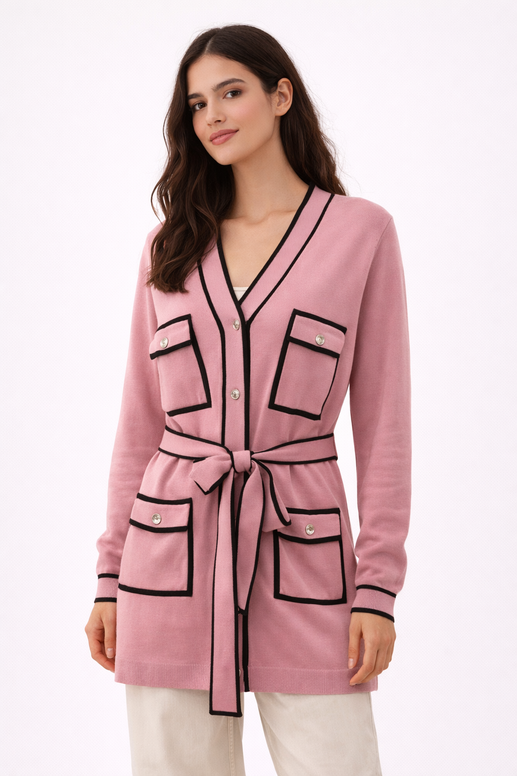 Long pink belted knit cardigan (Hanita)