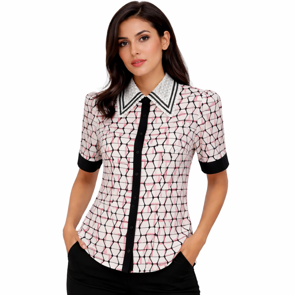 Geometric print blouse with embroidered collar (Hanita)