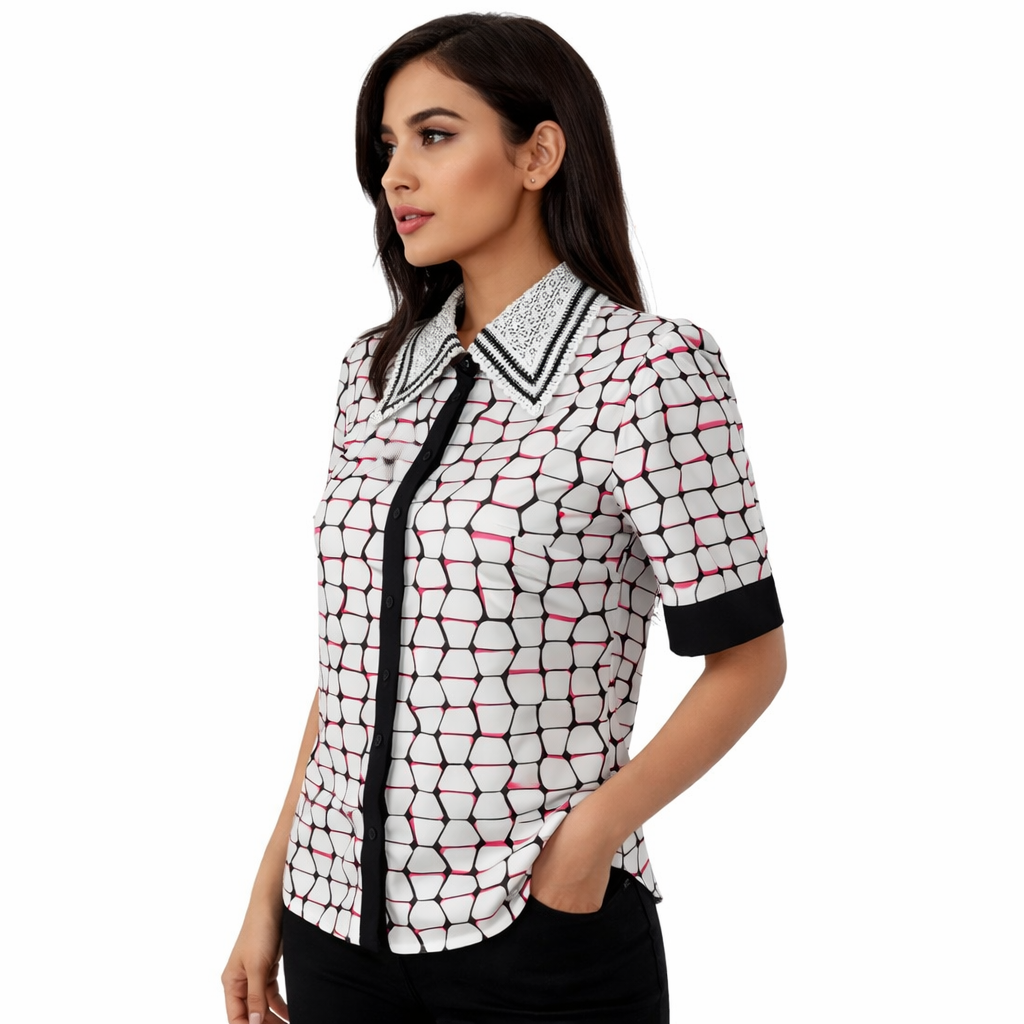 Geometric print blouse with embroidered collar (Hanita)