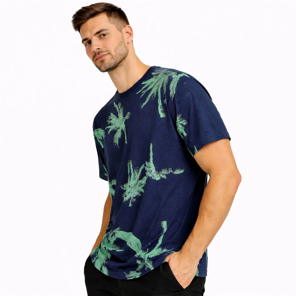 Navy Tropical Palm Print Tee (IN SIDE)