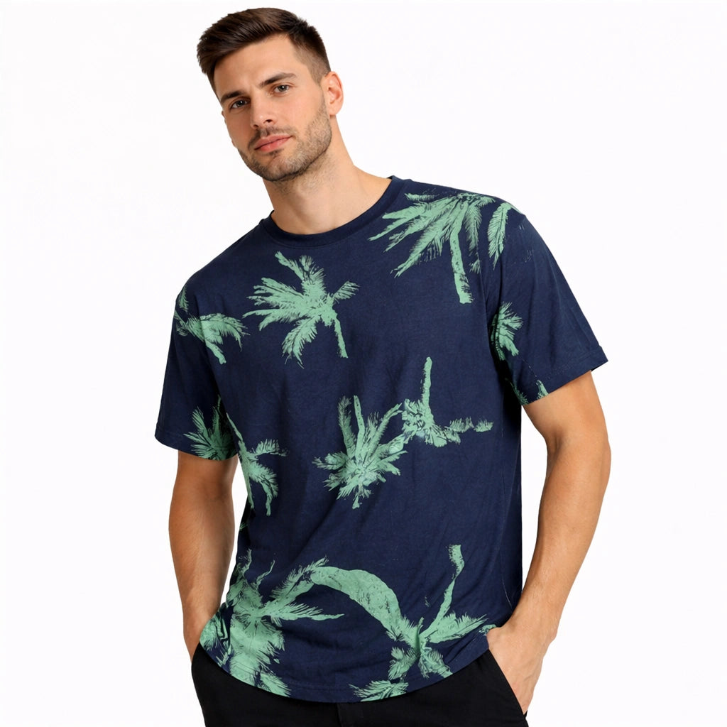 Navy Tropical Palm Print Tee (IN SIDE)
