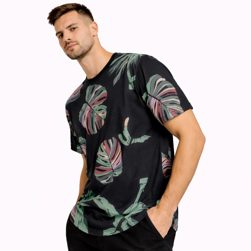 Black Vibrant Tropical Leaf Tee (IN SIDE)