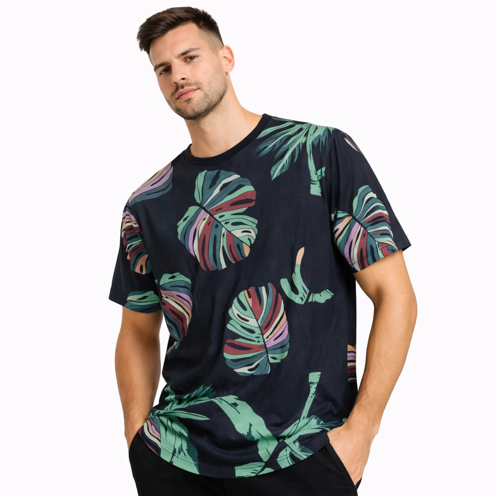 Black Vibrant Tropical Leaf Tee (IN SIDE)