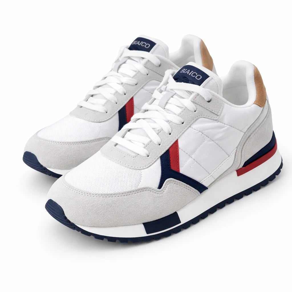 Men’s White Sneakers with Navy & Red Stripes (inside)