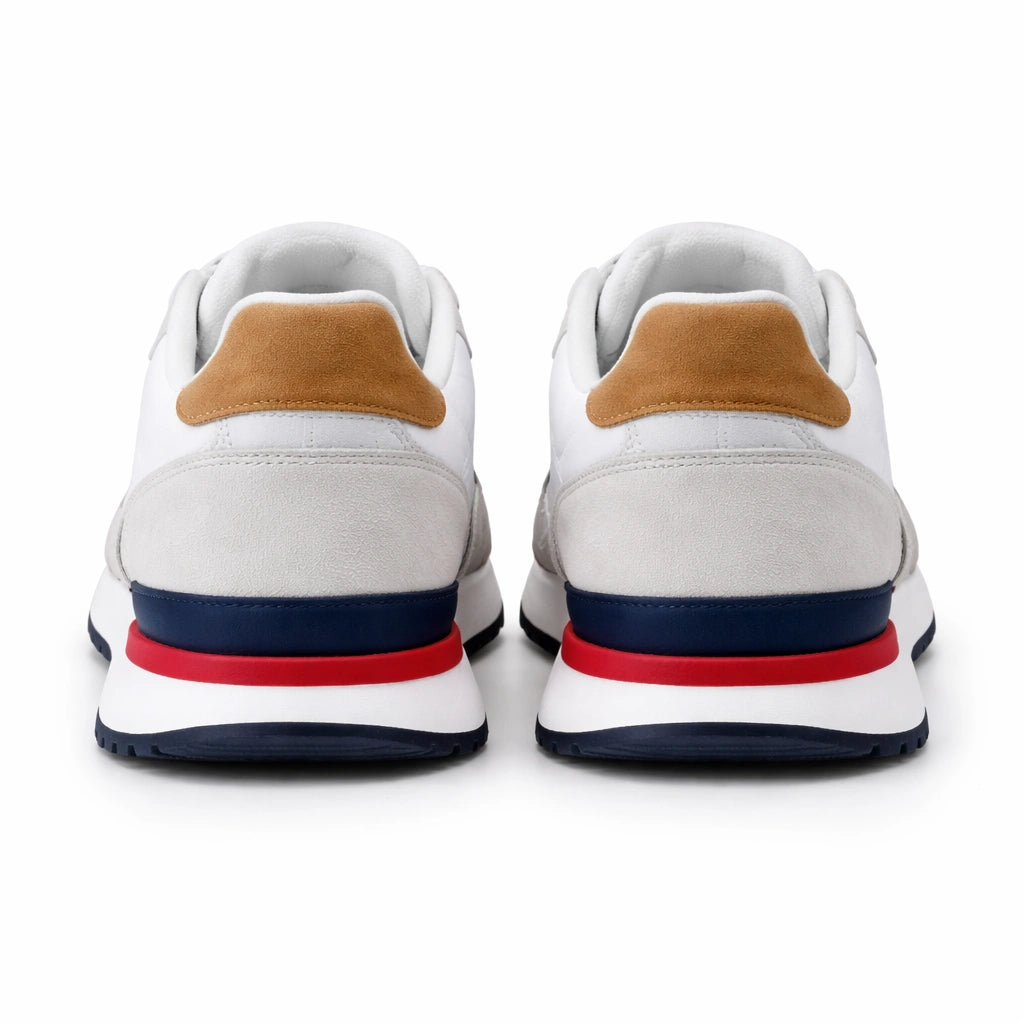 Men’s White Sneakers with Navy & Red Stripes (inside)