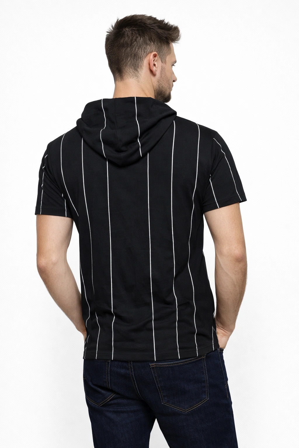 Men’s Black Striped Hooded T-Shirt (INSIDE)