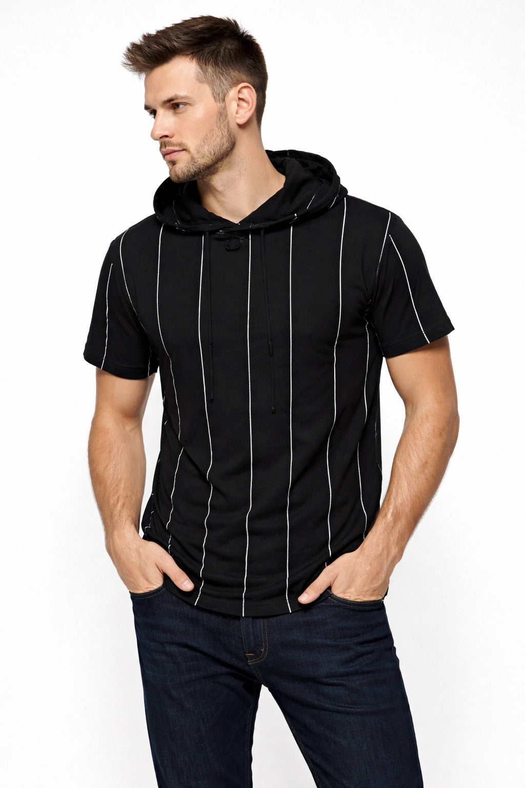 Men’s Black Striped Hooded T-Shirt (INSIDE)