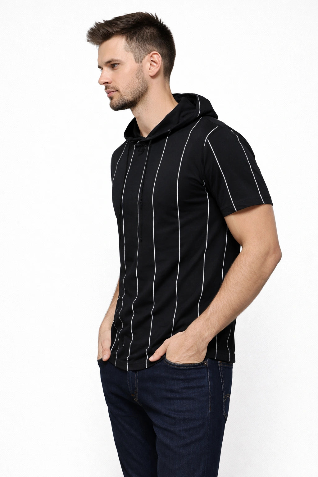 Men’s Black Striped Hooded T-Shirt (INSIDE)