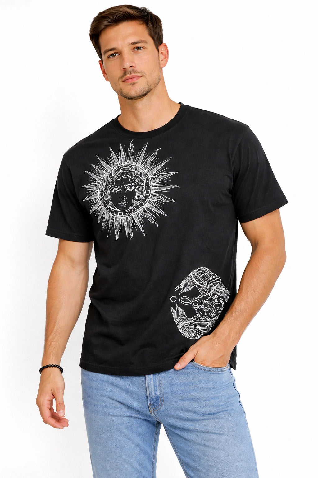 Men’s Black Artistic Sun Graphic T-Shirt (INSIDE)