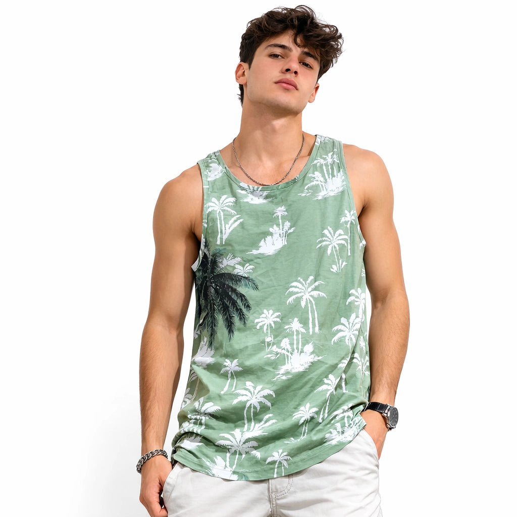 Olive Green Palm Tree Print Tank (IN SIDE)