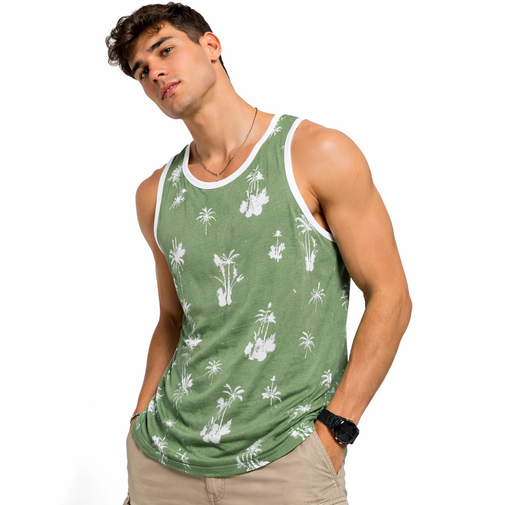 Olive Green Palm Tree Print Tank (IN SIDE)