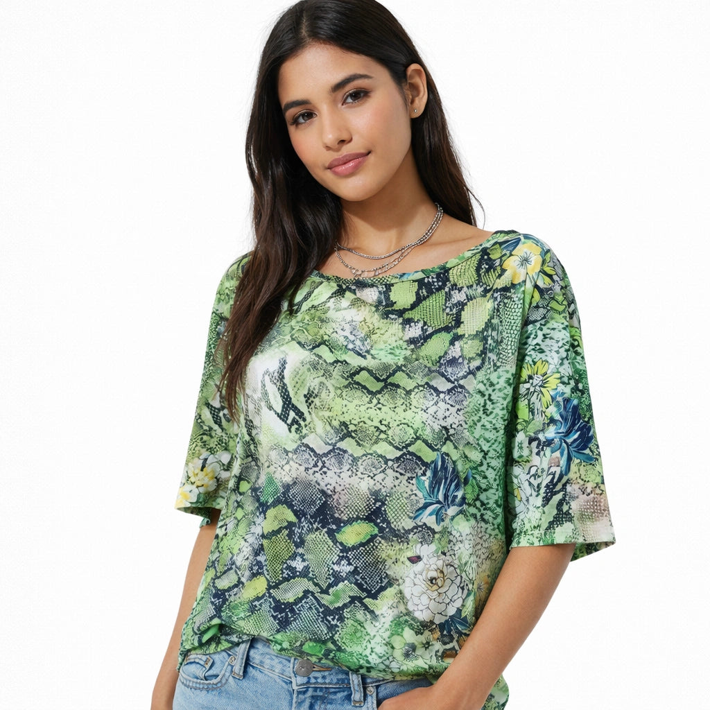 Women’s Green Snake & Floral Print Tee (IN SIDE)