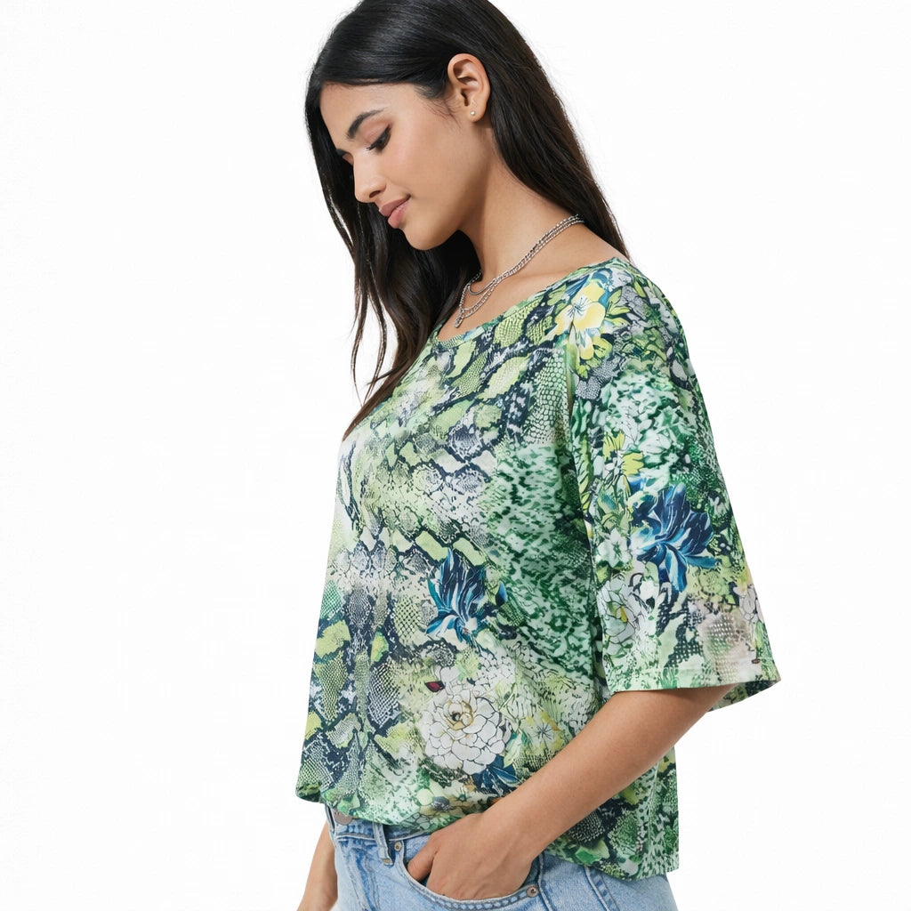 Women’s Green Snake & Floral Print Tee (IN SIDE)