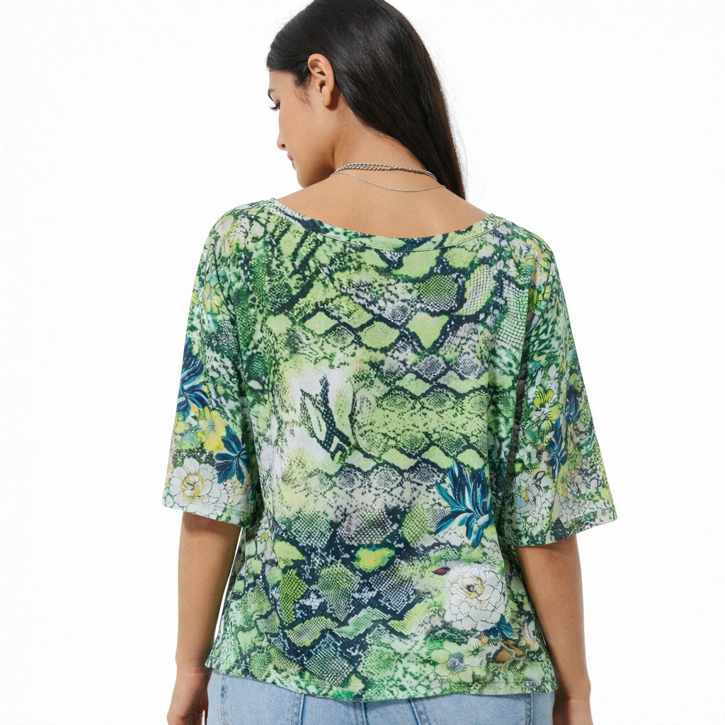 Women’s Green Snake & Floral Print Tee (IN SIDE)