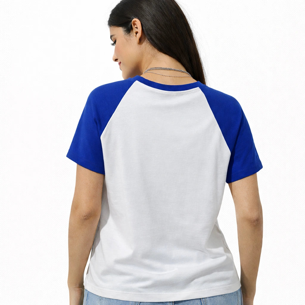 Women’s White & Blue Raglan Tee (IN SIDE)
