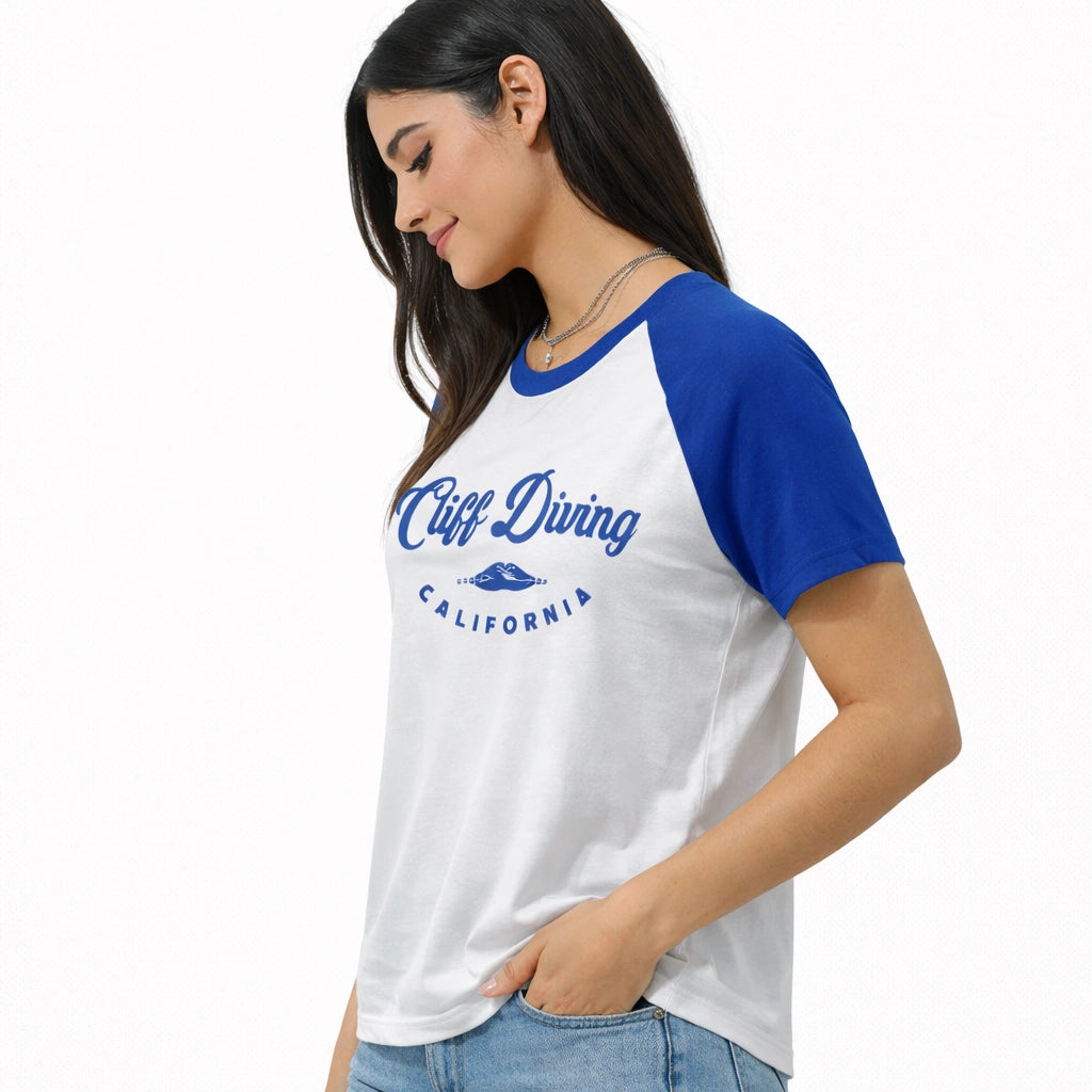 Women’s White & Blue Raglan Tee (IN SIDE)