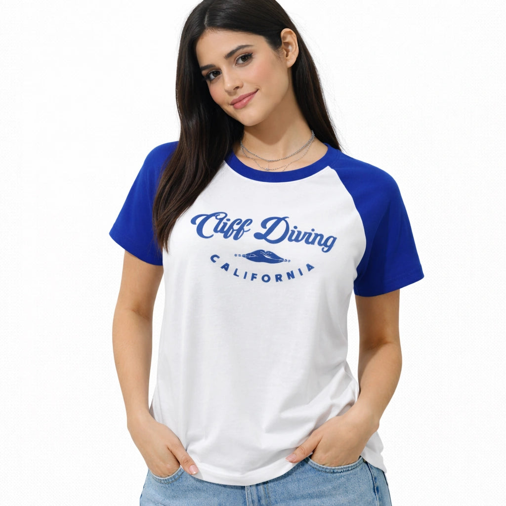 Women’s White & Blue Raglan Tee (IN SIDE)