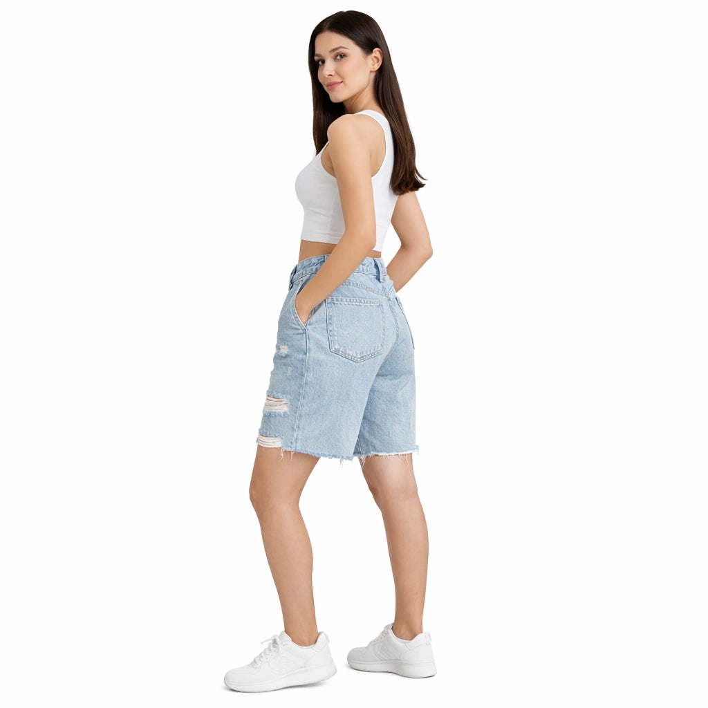 Women’s Light Blue Distressed Denim Shorts  (INSIDE)