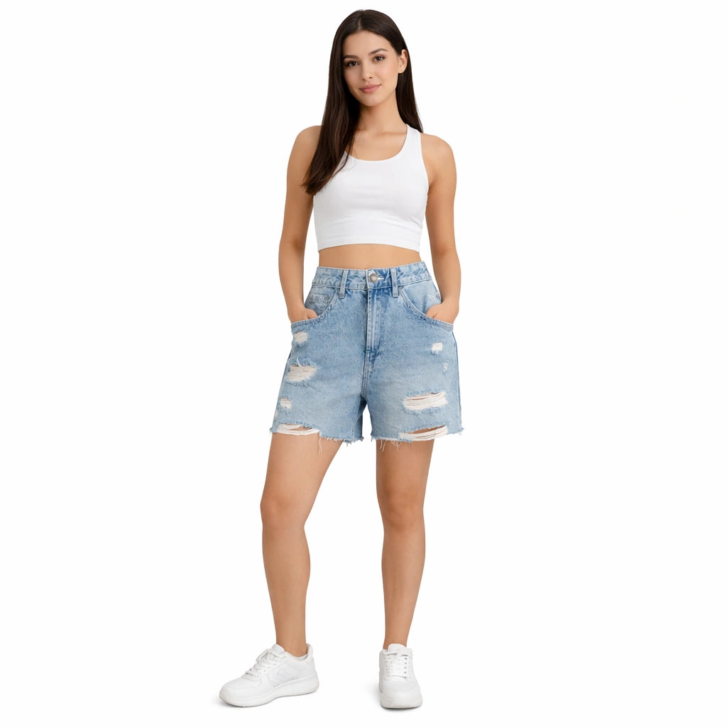 Women’s Light Blue Distressed Denim Shorts  (INSIDE)