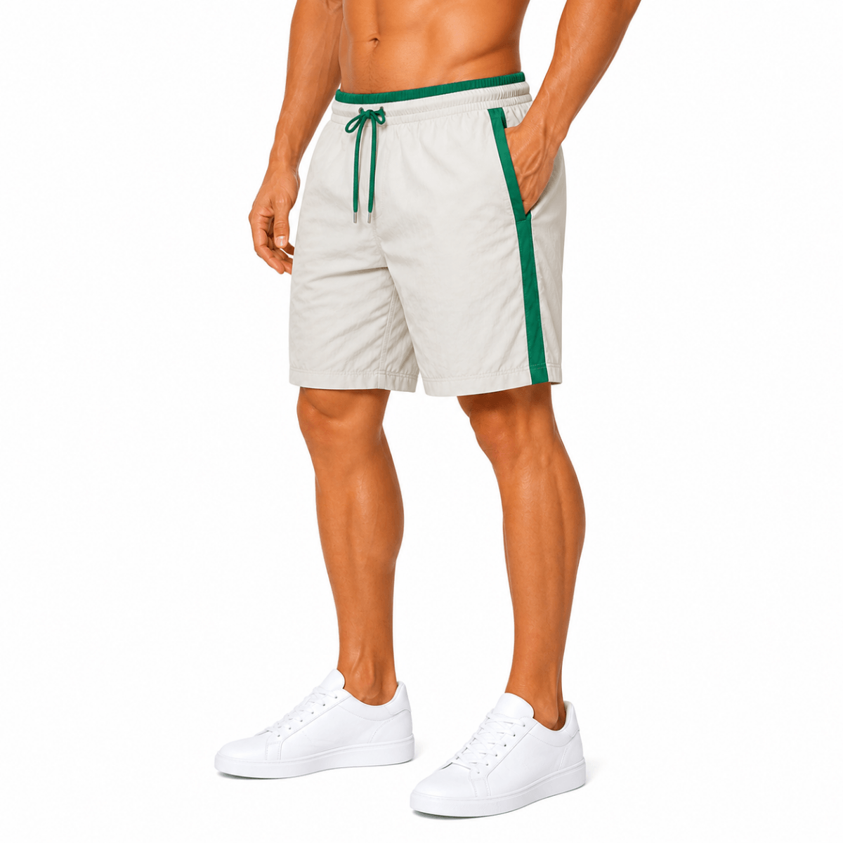 Beige Green-Accent Athletic Shorts(INSIDE)