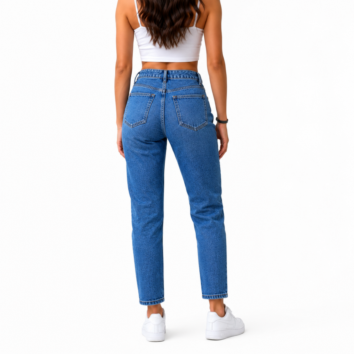 High Waisted Mom Fit Laser Patterned Jeans(INSIDE)