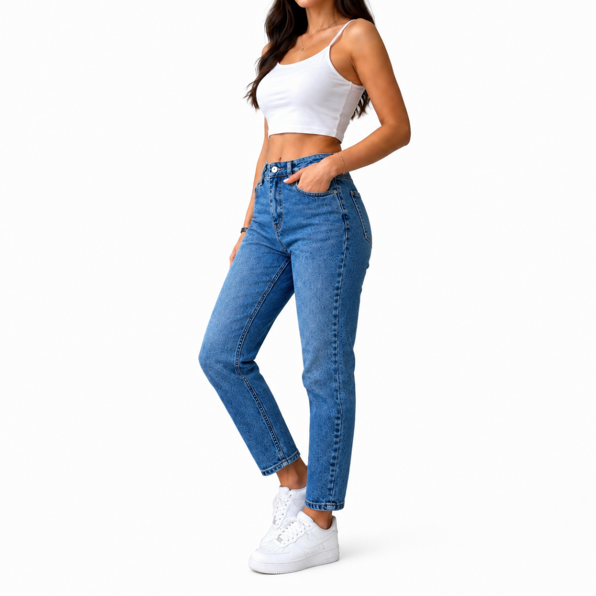 High Waisted Mom Fit Laser Patterned Jeans(INSIDE)