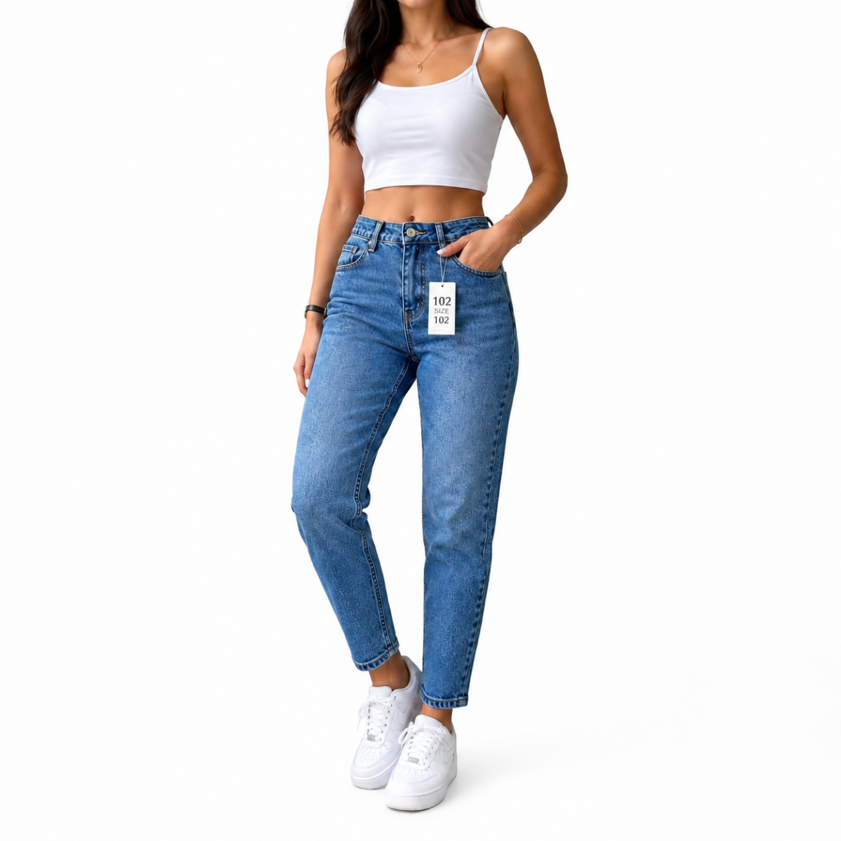 High Waisted Mom Fit Laser Patterned Jeans(INSIDE)