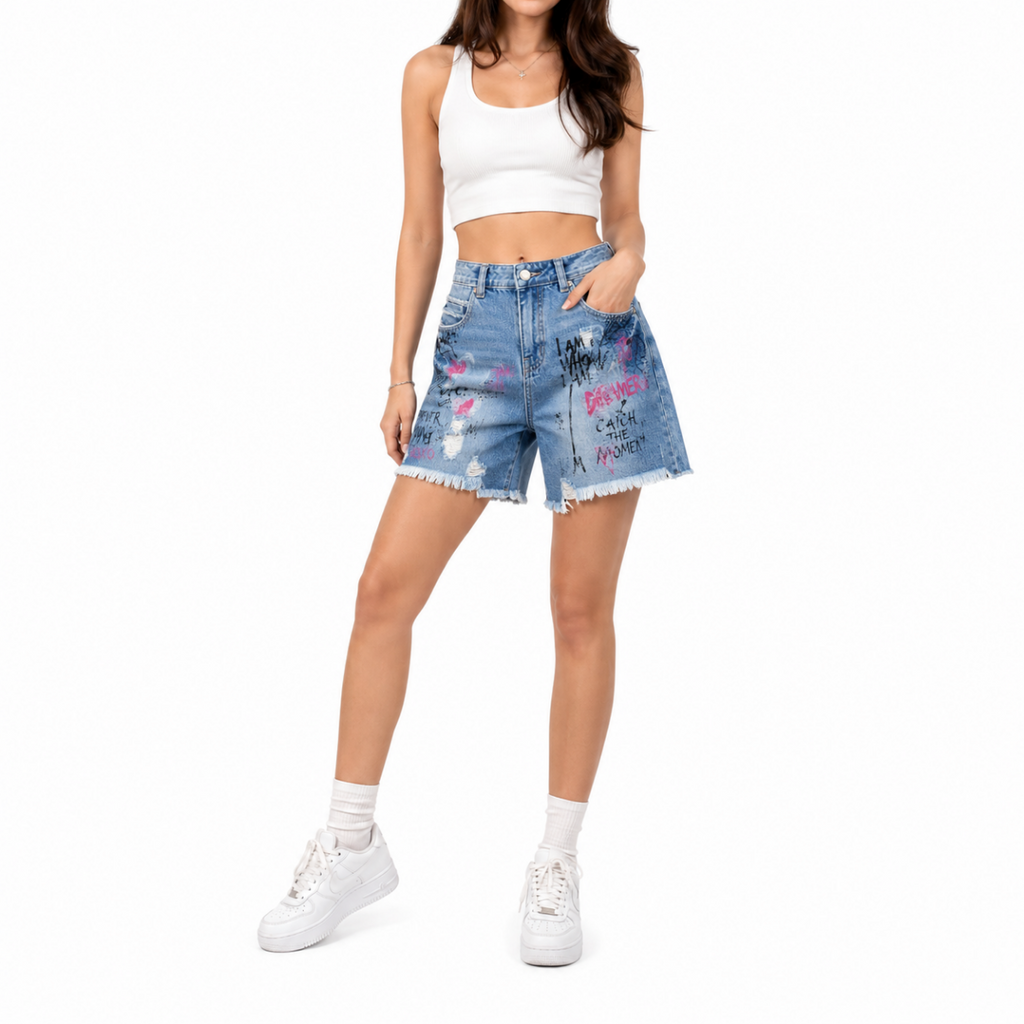 Graffiti Graphic Denim Shorts(INSIDE)
