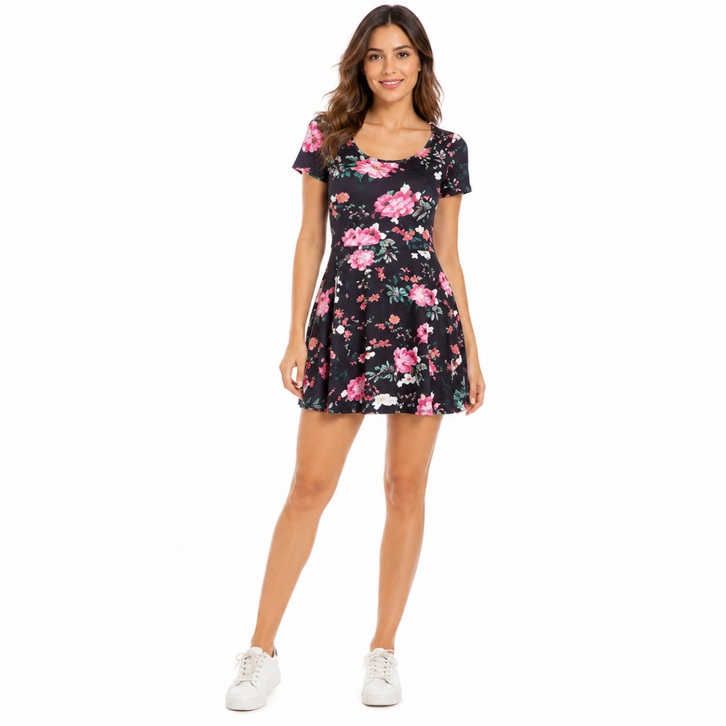 Black Pink Floral Skater Dress(INSIDE)