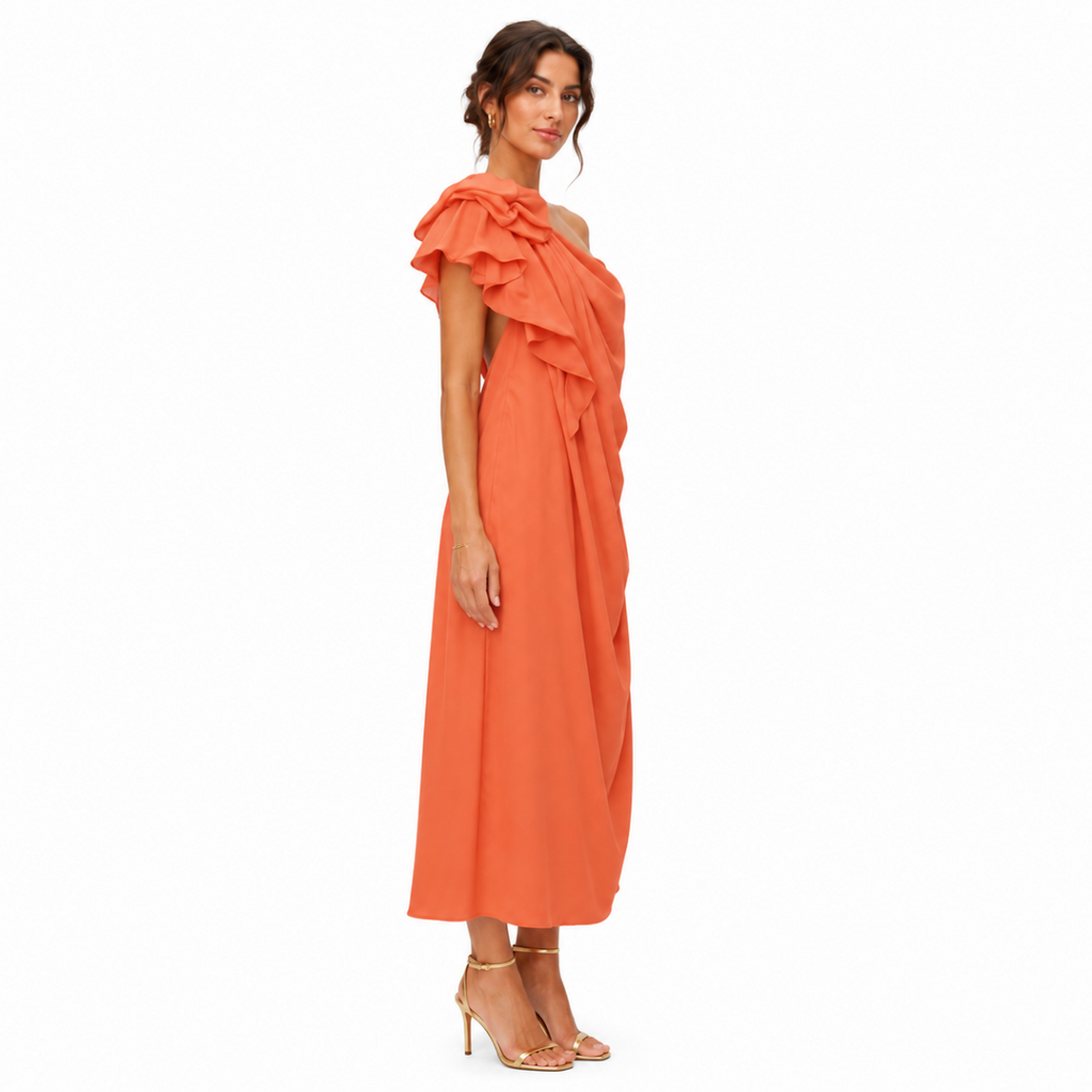 Orange One-Shoulder Ruffled Dress (HANITA)