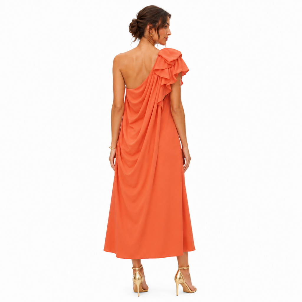Orange One-Shoulder Ruffled Dress (HANITA)