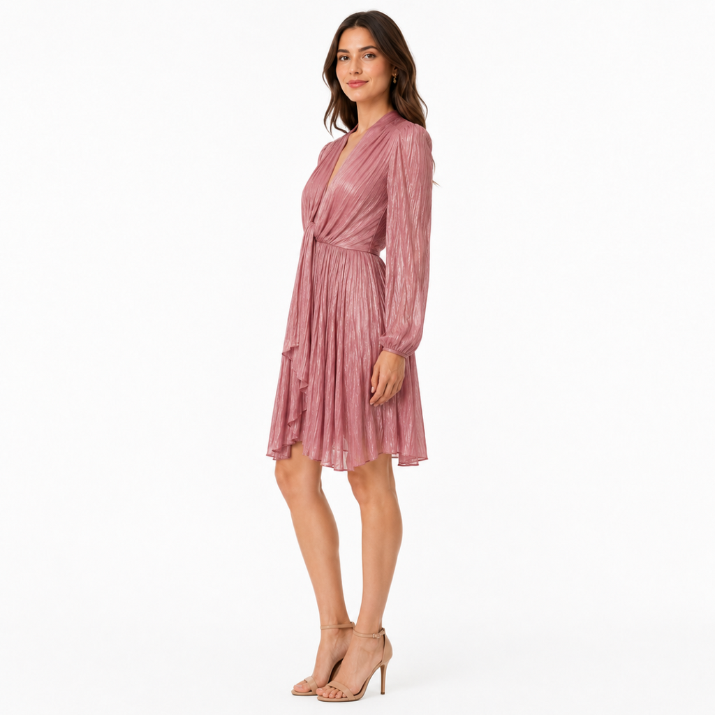 Metallic Pink Long-Sleeve Pleated Dress (HANITA)
