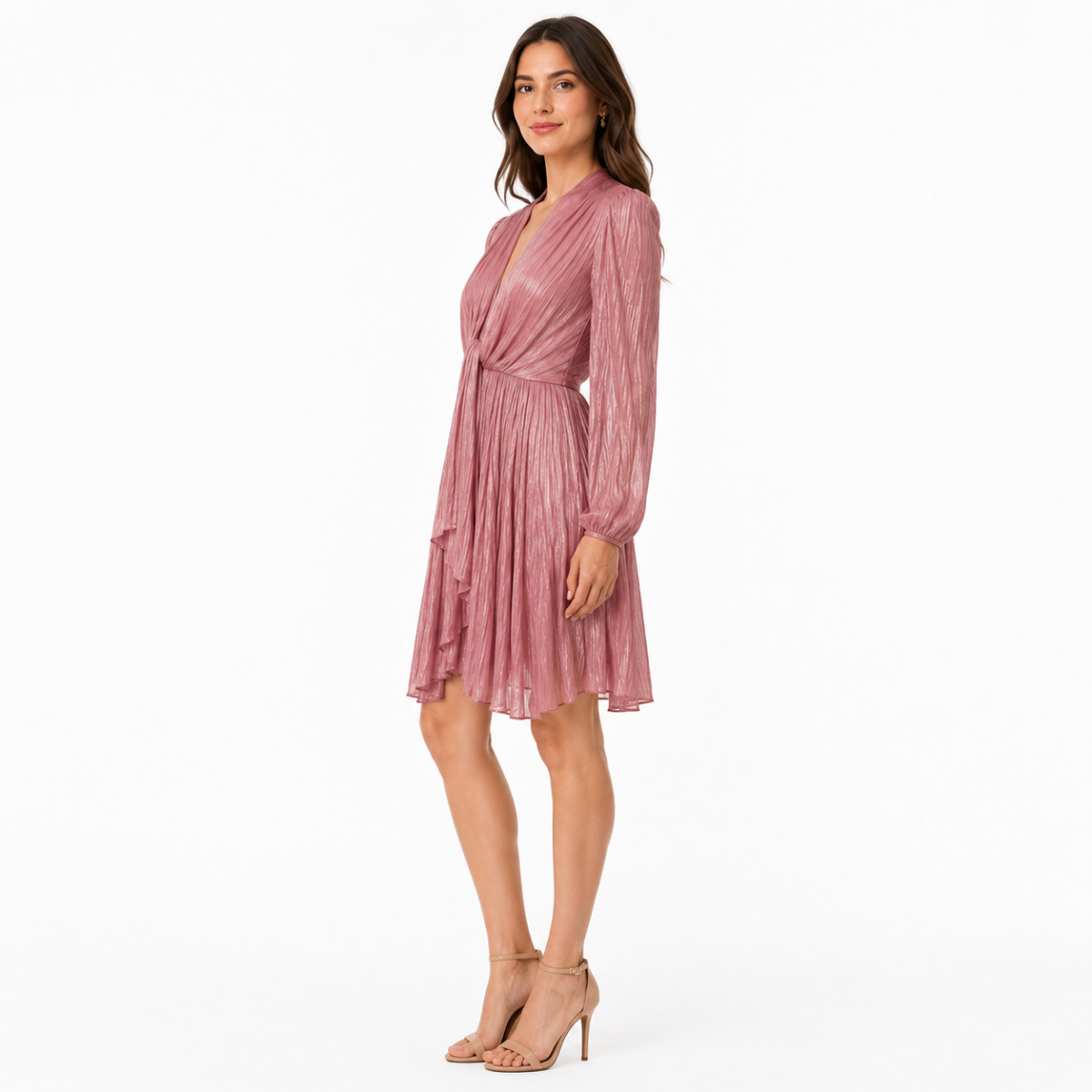 Metallic Pink Long-Sleeve Pleated Dress (HANITA)