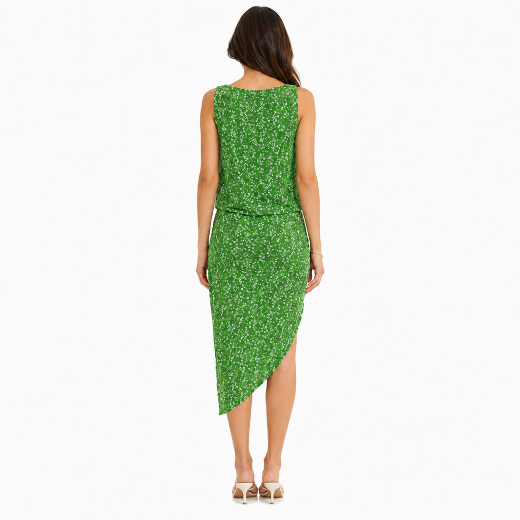Green Floral Wrap-Style Asymmetrical Dress(INSIDE)