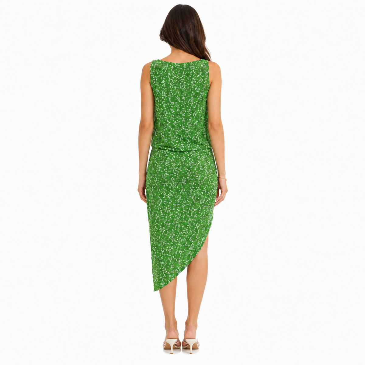 Green Floral Wrap-Style Asymmetrical Dress(INSIDE)