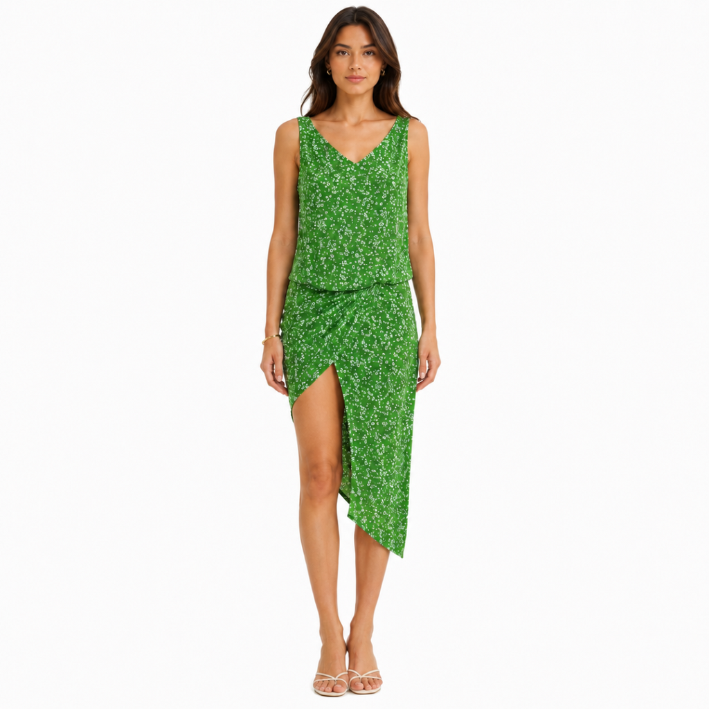 Green Floral Wrap-Style Asymmetrical Dress(INSIDE)