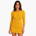 Mustard Yellow Crochet Knit Mini Dress with Boat Neck(GUESS)
