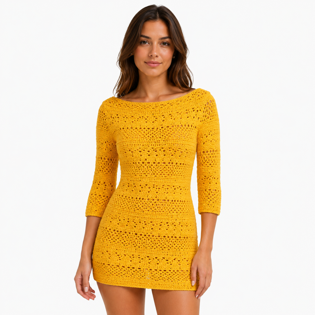 Mustard Yellow Crochet Knit Mini Dress with Boat Neck(GUESS)